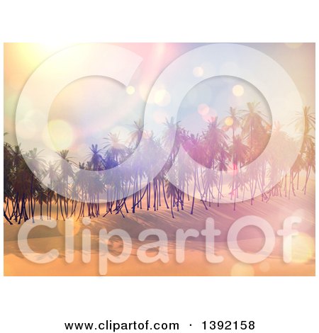 Clipart of a Background of 3d Palm Trees with Flares at Sunset - Royalty Free Illustration by KJ Pargeter