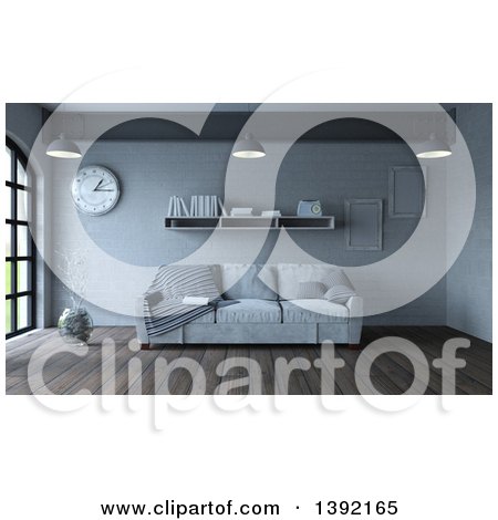 Clipart of a 3d Room Interior with a Sofa, Shelf, Frames, Wall Clock and Vase on Wood Flooring - Royalty Free Illustration by KJ Pargeter