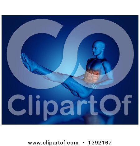 Clipart of a 3d Anatomical Man in a Sit up Position, with Visible Abdominals, on Blue - Royalty Free Illustration by KJ Pargeter