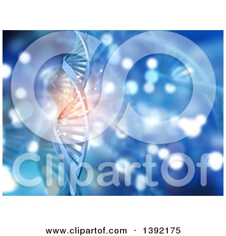 Clipart of a Blue Background of 3d DNA Strands and Glowing Lights - Royalty Free Illustration by KJ Pargeter