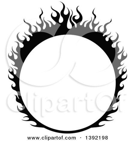 Clipart of a Black and White Round Flaming Label Frame Design - Royalty Free Vector Illustration by dero