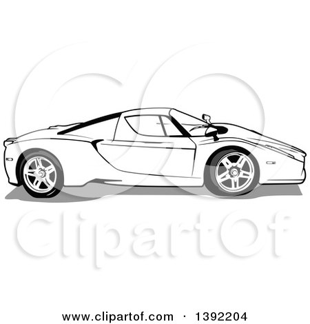 Clipart of a Black and White Sports Car from the Side - Royalty Free Vector Illustration by dero