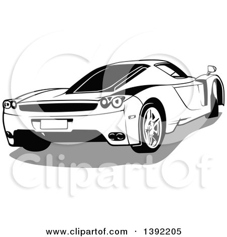 Clipart of a Black and White Sports Car from the Back - Royalty Free Vector Illustration by dero