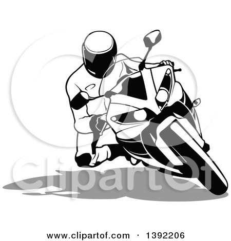 Clipart of a Black and White Biker Turning on a Motorcycle - Royalty Free Vector Illustration by dero