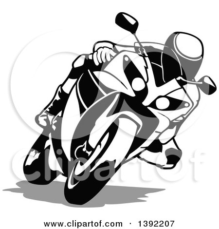 Clipart of a Black and White Biker Turning on a Motorcycle - Royalty Free Vector Illustration by dero