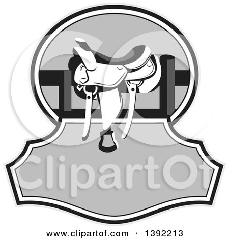 Clipart of a Retro Grayscale Western Saddle on a Fence over Text Space - Royalty Free Vector Illustration by patrimonio