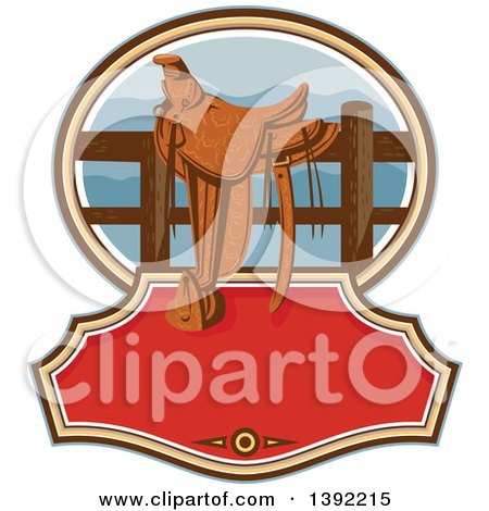 Clipart of a Retro Western Saddle on a Fence over Text Space - Royalty Free Vector Illustration by patrimonio