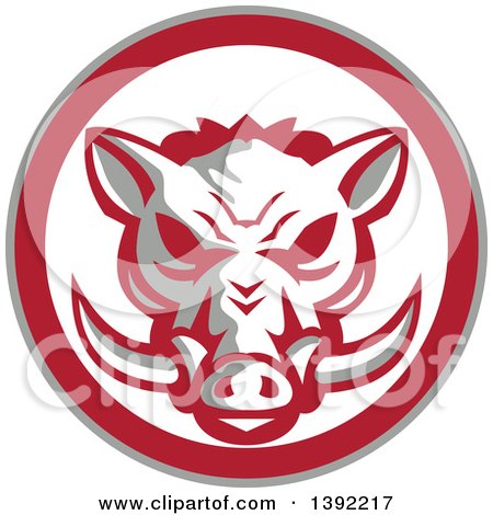 Clipart of a Retro Wild Boar Head in a Gray Red and White Circle - Royalty Free Vector Illustration by patrimonio