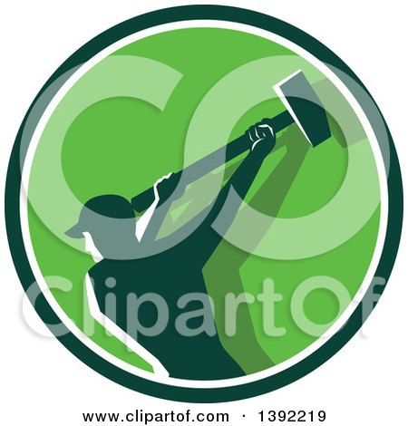 Clipart of a Retro Silhouetted Male Demolition Worker Swinging a Sledgehammer in a Green and White Circle - Royalty Free Vector Illustration by patrimonio
