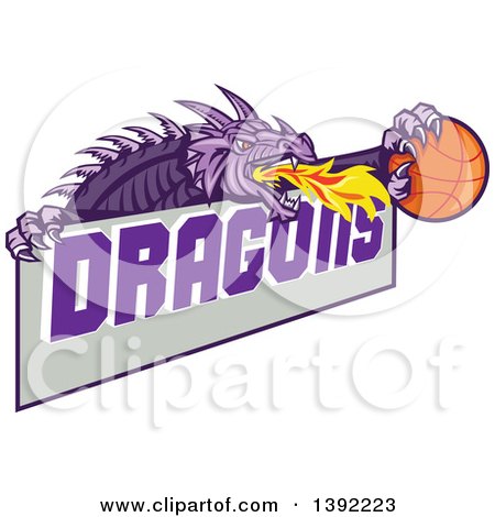 Clipart of a Retro Purple Fire Breathing Dragon Holding a Basketball over Text - Royalty Free Vector Illustration by patrimonio