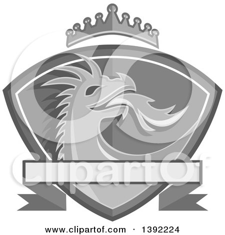 Clipart of a Grayscale Fire Breathing Dragon Head in a Shield, with a Crown and Banner - Royalty Free Vector Illustration by patrimonio
