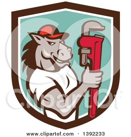 Clipart of a Cartoon Muscular Horse Man Plumber Holding a Monkey Wrench in a Brown White and Turquoise Shield - Royalty Free Vector Illustration by patrimonio