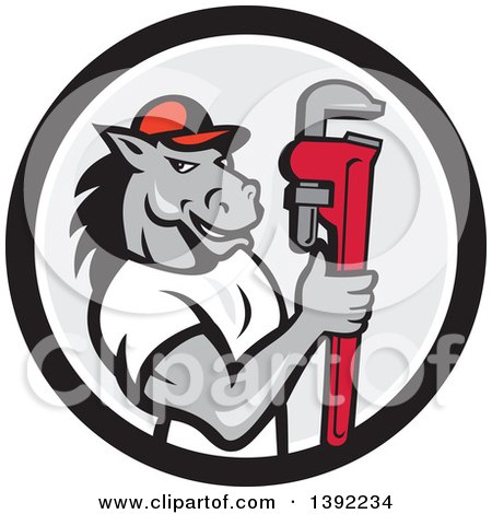 Clipart of a Cartoon Muscular Horse Man Plumber Holding a Monkey Wrench in a Black White and Gray Circle - Royalty Free Vector Illustration by patrimonio