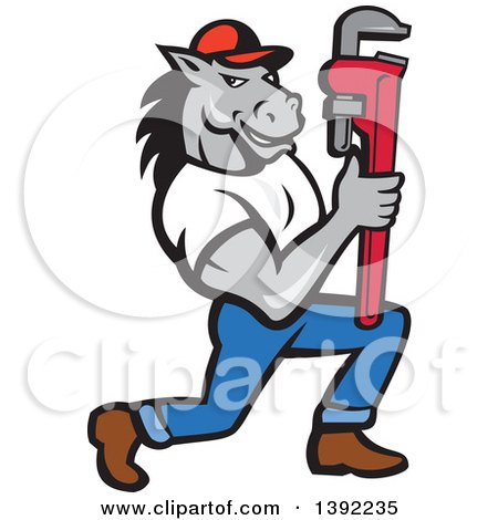Clipart of a Cartoon Muscular Horse Man Plumber Holding a Monkey Wrench - Royalty Free Vector Illustration by patrimonio