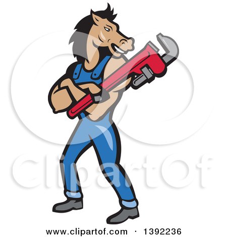 Clipart of a Cartoon Horse Man Plumber with Folded Arms, Holding a Monkey Wrench - Royalty Free Vector Illustration by patrimonio