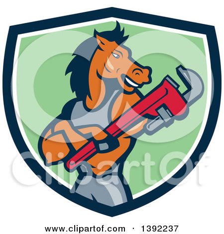 Clipart of a Cartoon Muscular Horse Man Plumber with Folded Arms, Holding a Monkey Wrench in a Blue White and Green Shield - Royalty Free Vector Illustration by patrimonio