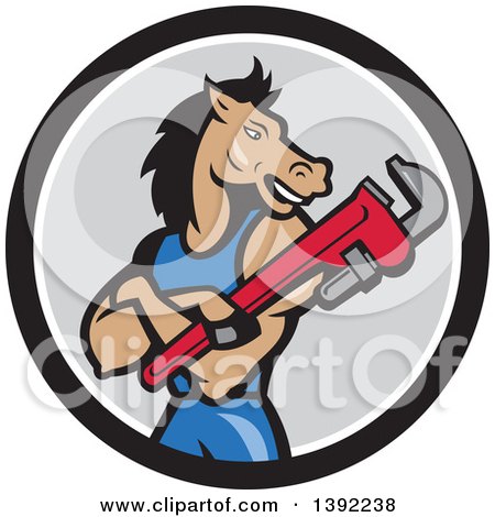 Clipart of a Cartoon Muscular Horse Man Plumber with Folded Arms, Holding a Monkey Wrench in a Black White and Gray Circle - Royalty Free Vector Illustration by patrimonio