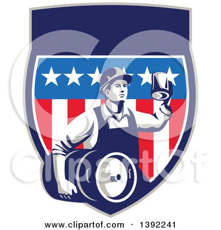 Clipart of a Retro Male Construction Worker Toasting and Carrying a Beer Keg in an American Shield - Royalty Free Vector Illustration by patrimonio