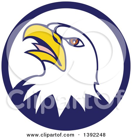 Clipart of a Cartoon Angry Bald Eagle Head in a Blue and White Circle - Royalty Free Vector Illustration by patrimonio