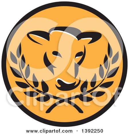 Clipart of a Retro Cow Head and Laurel Branches in a Black and Orange Circle - Royalty Free Vector Illustration by patrimonio
