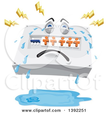 Clipart of a Cartoon Switchboard Crying, with Lightning Bolts over a Pool of Water - Royalty Free Vector Illustration by patrimonio