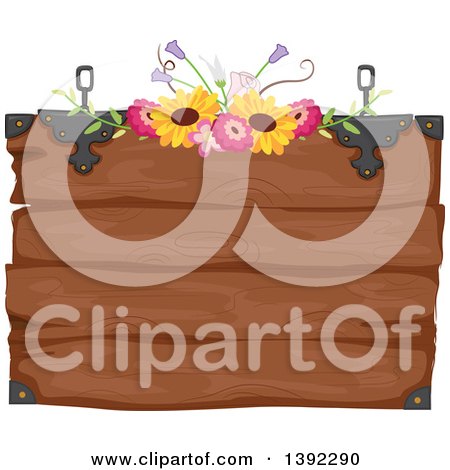 Clipart of a Rustic Themed Wooden Wedding Sign with Flowers - Royalty Free Vector Illustration by BNP Design Studio