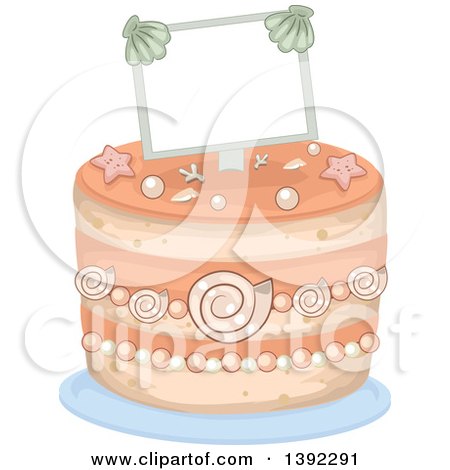 Clipart of a Beach Wedding Themed Cake with Shells and a Sign - Royalty Free Vector Illustration by BNP Design Studio