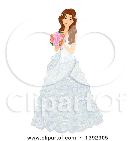 Clipart of a Brunette White Bride Posing in a Wedding Gown with Frills - Royalty Free Vector Illustration by BNP Design Studio