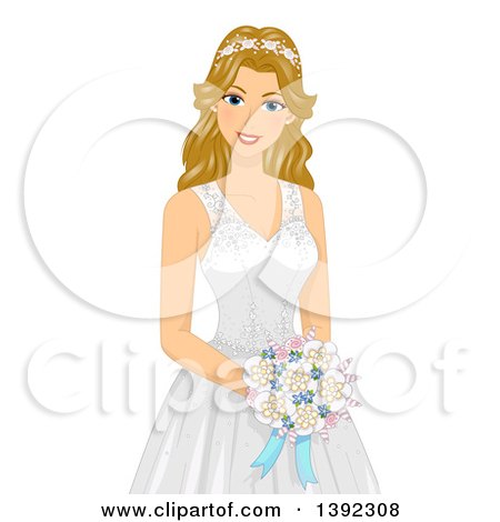 Clipart of a Happy Blond White Brid Wearing a Gown Decorated in Shells, for a Beach Wedding - Royalty Free Vector Illustration by BNP Design Studio