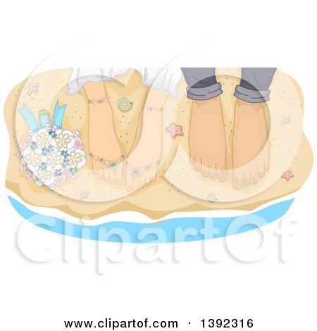 Clipart of Feet of a Newlywed Couple Standing at the Edge of the Surf on a Beach - Royalty Free Vector Illustration by BNP Design Studio