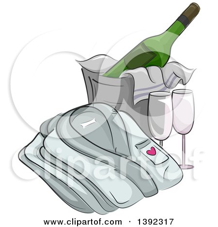 Clipart of a Folded Bath Robe by a Bucket of Cooled Champagne and Glasses - Royalty Free Vector Illustration by BNP Design Studio