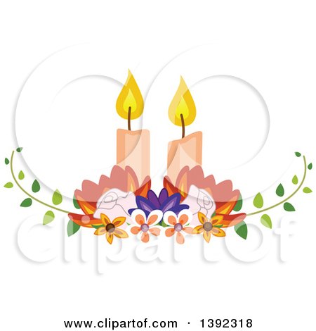 Clipart of a Garden Themed Wedding Table Centerpiece with Candles and Flowers - Royalty Free Vector Illustration by BNP Design Studio