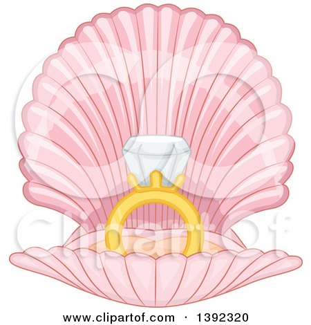 Clipart of a Beach Wedding Themed Diamond Ring in a Shell - Royalty Free Vector Illustration by BNP Design Studio