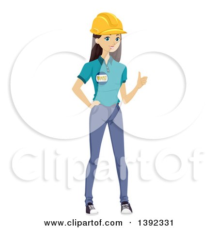Clipart of a Brunette White Woman Wearing an Election Badge and Hard Hat - Royalty Free Vector Illustration by BNP Design Studio