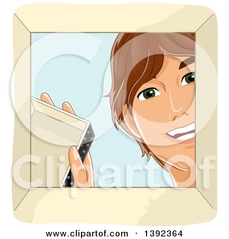 Clipart of a Happy Teenage White Guy Opening a Box - Royalty Free Vector Illustration by BNP Design Studio