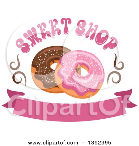 Clipart of Pink and Chocolate Glazed Donuts with Text over a Banner - Royalty Free Vector Illustration by Vector Tradition SM