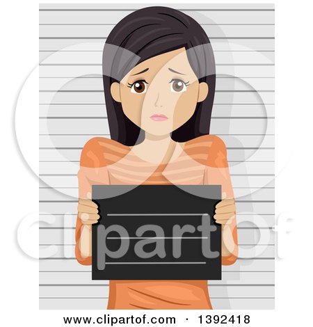 Clipart of a Scared Brunette White Woman Getting Her Mug Shot Taken - Royalty Free Vector Illustration by BNP Design Studio