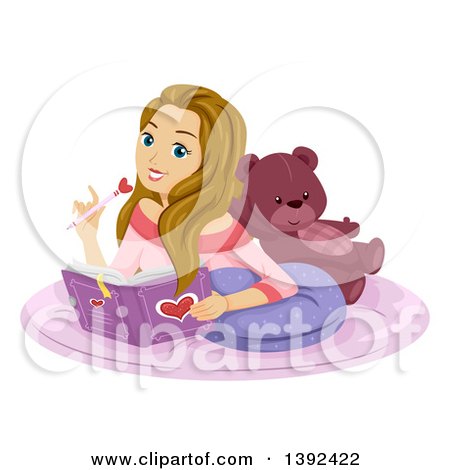 Clipart of a Blond White Teen Girl Writing in Her Diary - Royalty Free Vector Illustration by BNP Design Studio