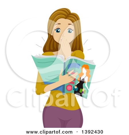 Clipart of a Shocked White Girl Covering Her Mouth and Reading Something in a Magazine - Royalty Free Vector Illustration by BNP Design Studio
