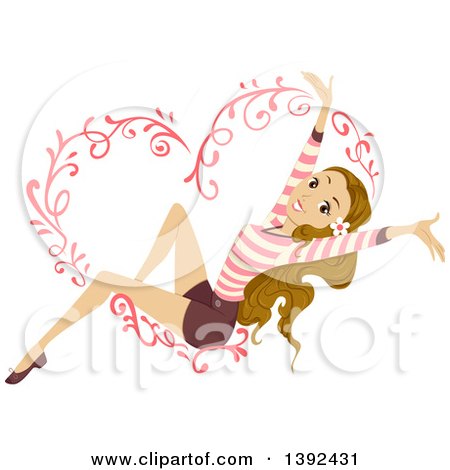 Clipart of a Happy White Teen Girl Kicking Back on a Heart Hammock - Royalty Free Vector Illustration by BNP Design Studio