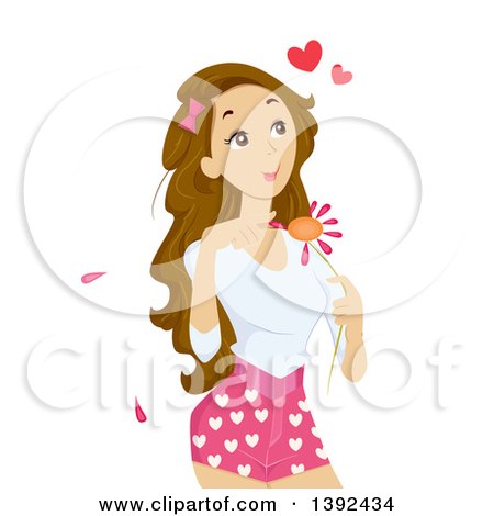 Clipart of a Brunette Teen Girl Picking Petals off of a Flower and Playing He Loves Me, He Loves Me Not - Royalty Free Vector Illustration by BNP Design Studio