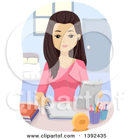Clipart of a Brunette White Teen Girl Studying with a Tablet - Royalty Free Vector Illustration by BNP Design Studio