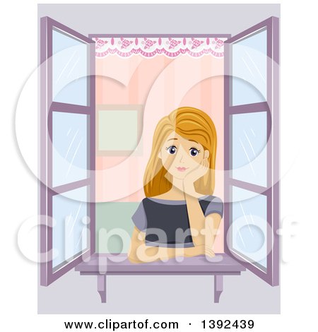 Clipart of a Blond White Girl Musing at a Window - Royalty Free Vector Illustration by BNP Design Studio
