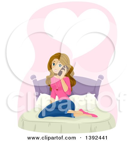 Clipart of a Caucasian Teenage Girl Sitting on a Bed and Talking on a Phone Under a Heart - Royalty Free Vector Illustration by BNP Design Studio