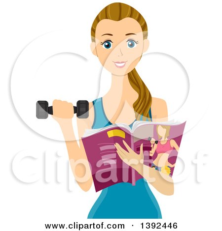 Clipart of a Fit Dirty Blond White Teen Girl Holding a Magazine and Working out with a Dumbbell - Royalty Free Vector Illustration by BNP Design Studio