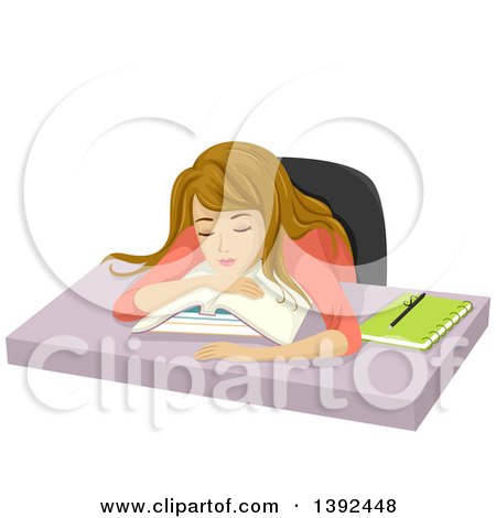 Clipart of a Dirty Blond White Teen Girl Sleeping on Books - Royalty Free Vector Illustration by BNP Design Studio