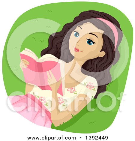 Clipart of a Relaxed Brunette White Girl Reading a Book Outdoors - Royalty Free Vector Illustration by BNP Design Studio