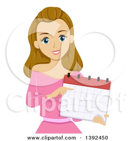 Clipart of a Dirty Blond White Teen Girl Pointing to a Calendar - Royalty Free Vector Illustration by BNP Design Studio