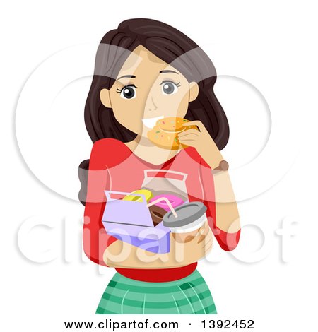 Clipart of a Brunette White Teen Girl Eating a Donut and Holding Coffee - Royalty Free Vector Illustration by BNP Design Studio