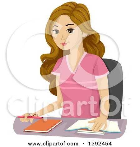 Clipart of a Dirty Blond White Teen Girl Studying at a Desk - Royalty Free Vector Illustration by BNP Design Studio